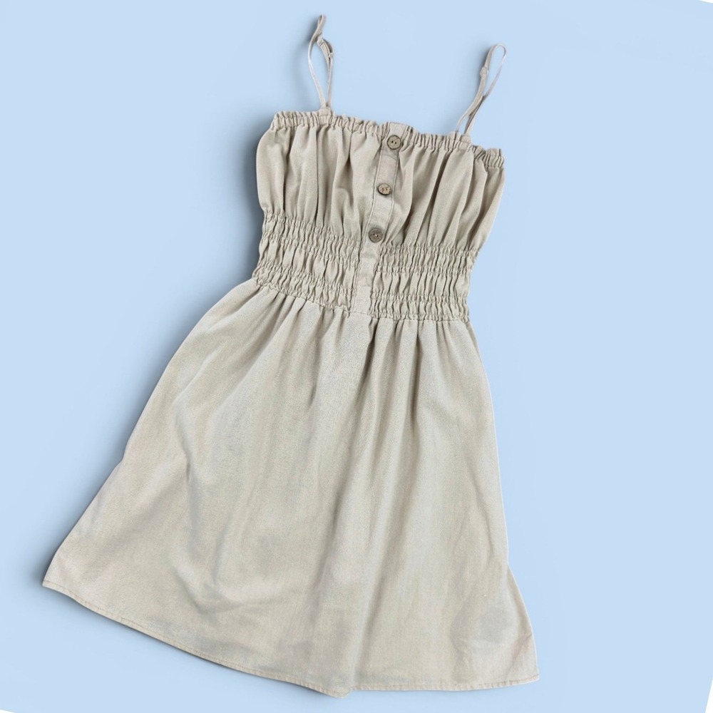 Cisono Los Angeles Womens Khaki Linen Blend Smocked Mini Dress DR225 Small